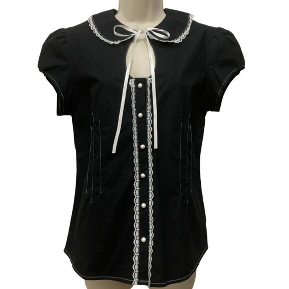 Vintage Morbid Threads XL Black Gothic Lolita Puff Sleeve Lace Trim Ribbon Y2K - Picture 1 of 6